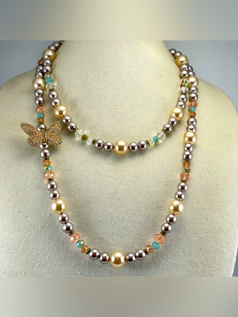 Artisan Handmade Crafted Glass Pearl Rhinestone Butterfly Bold Layered Necklace